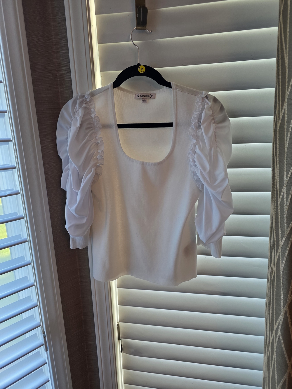 White Puff-Sleeve Scoop Neck Top by Nanette Lepore